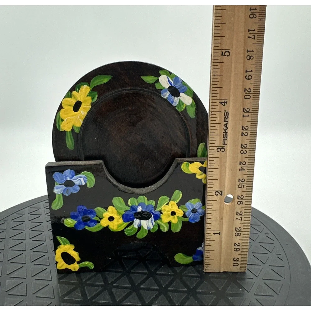 Hand Painted Lacquered Wood Coasters Hand Painter with Caddy Set Of 6